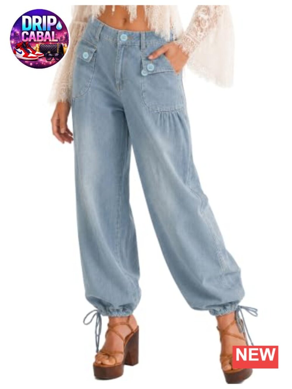 Womens Wide Leg Denim Pants Mid Rise Ankle Barrel Stretch with Pockets